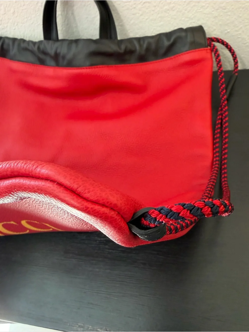 Gucci Red Leather Logo Drawstring Backpack